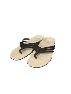 Vionic Alta Toe Post Sandals Black Leather Cream Thong Comfort Shoes 8.5M